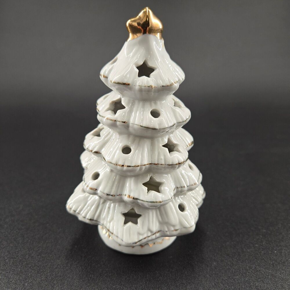 White Porcelain Christmas Tree Tea Light Holder Gold Accents